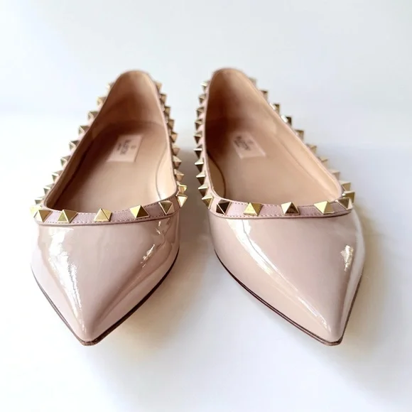 Valentino Garavani Rockstud Pointed Toe Flats Nude Beige Patent Leather 38.5 - Picture 3 of 15
